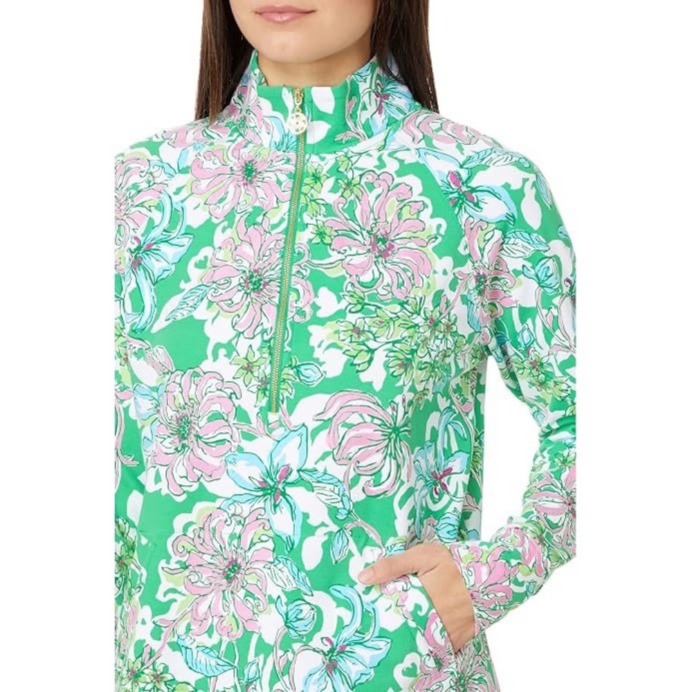 Lilly Pulitzer Skipper Popover Green Pink Floral Half Zip Pullover XXL UPF 50+